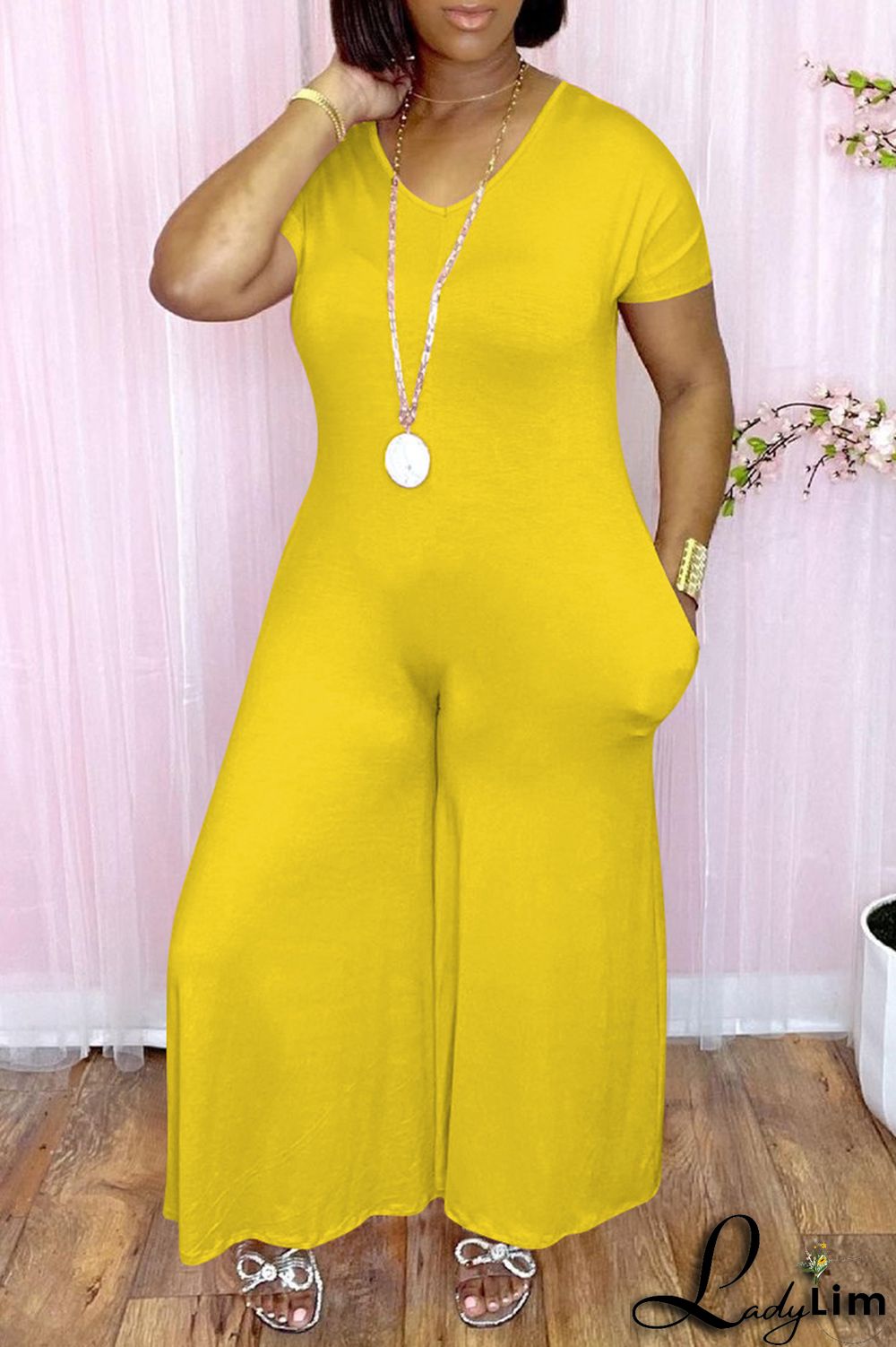 Pink Fashion Casual Solid Patchwork V Neck Regular Jumpsuits