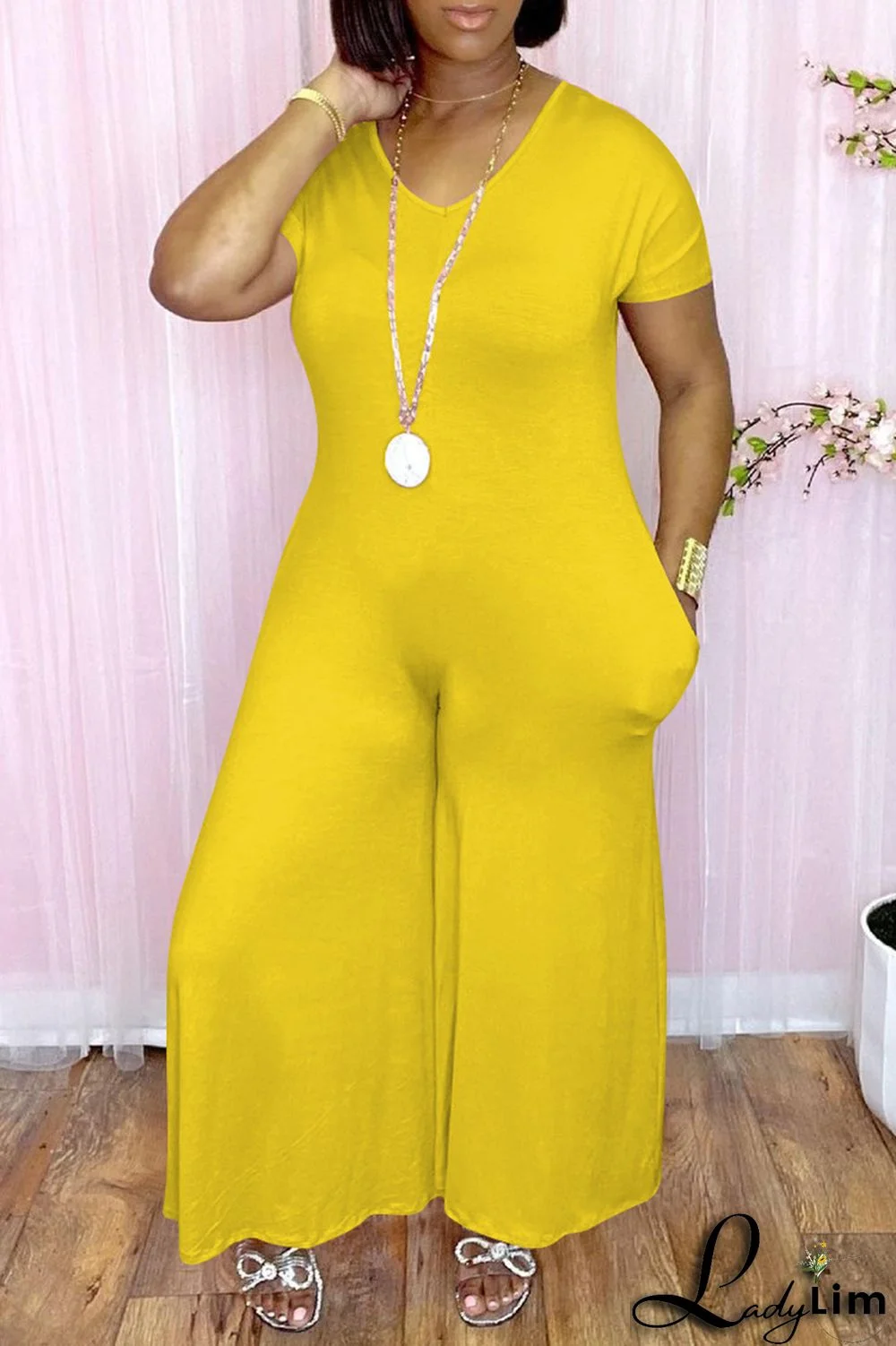 Pink Fashion Casual Solid Patchwork V Neck Regular Jumpsuits