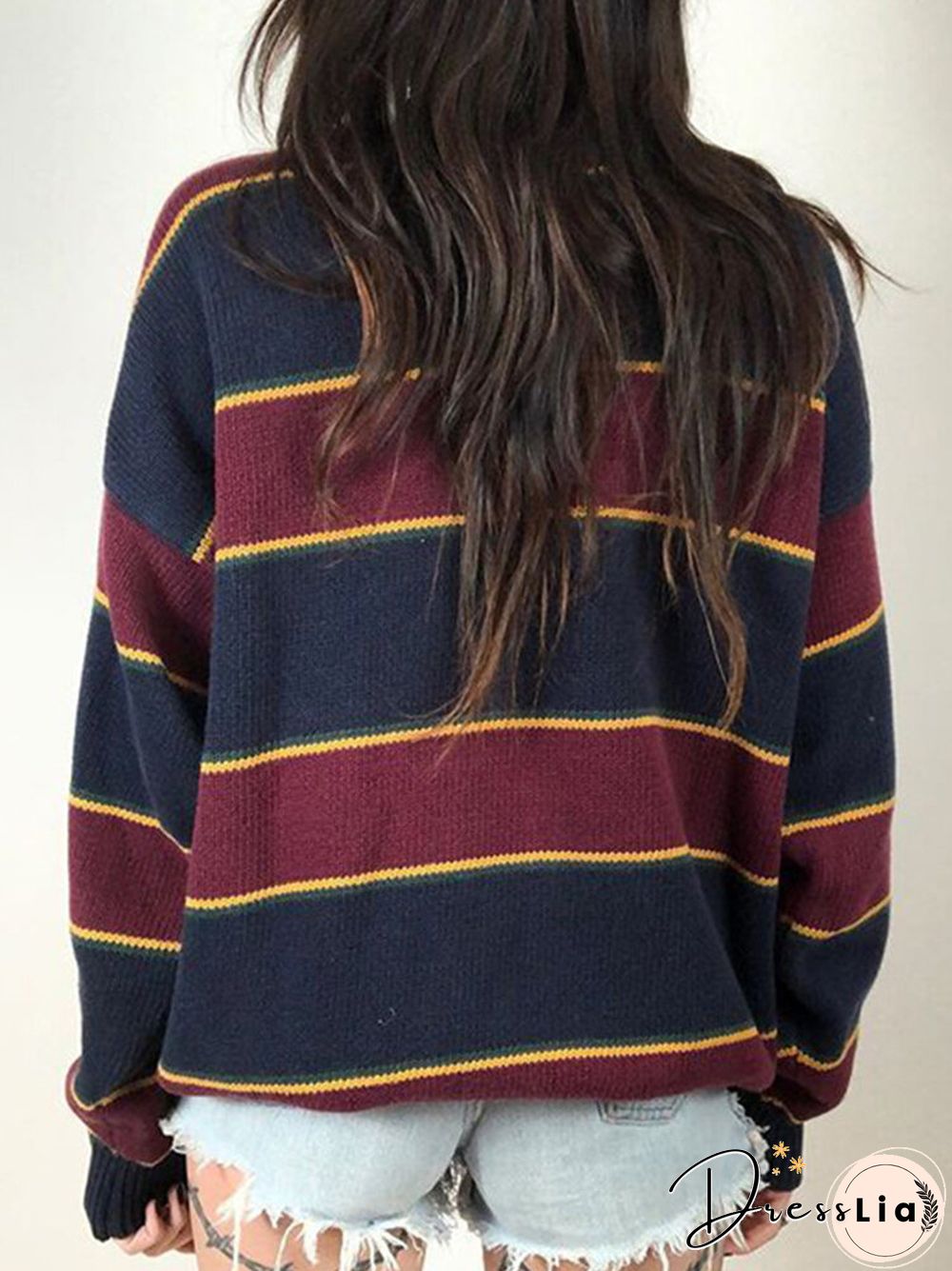 Striped Patchwork Contrast Long Sleeve Knit Sweater