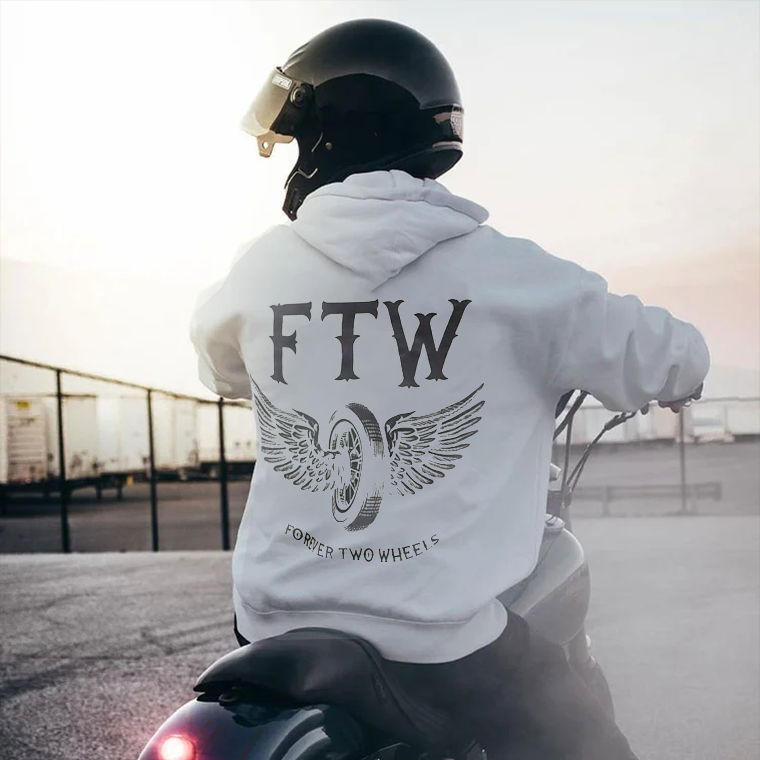 FTW Wheel with Wings FOREVER TWO WHEELS Graphic White Print Hoodie