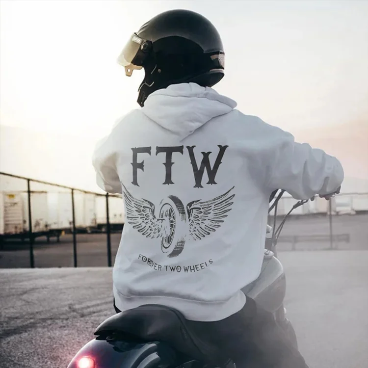 FTW Wheel with Wings FOREVER TWO WHEELS Graphic White Print Hoodie