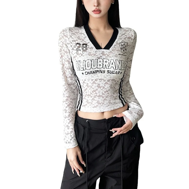 Churchf New Women's Vintage Letters High Waist Perspective V-Necked T-Shirt In Fall 2024