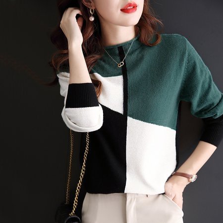 Green Color-Block Cotton-Blend Shift Casual Sweater