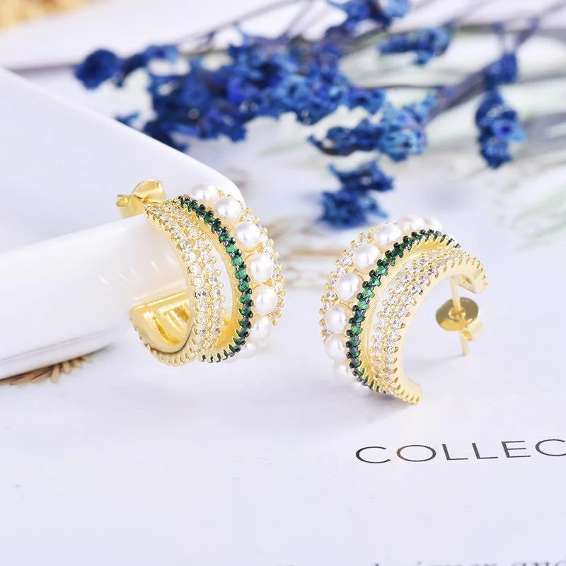 C shape bead&rhinestone women earings-zachics