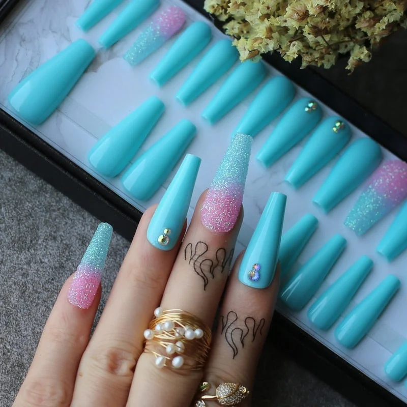 Coffin gel Luxury pink false nails crystal pink glitter ombre french Press on nails box gift Custom packaging-Nail Inspo