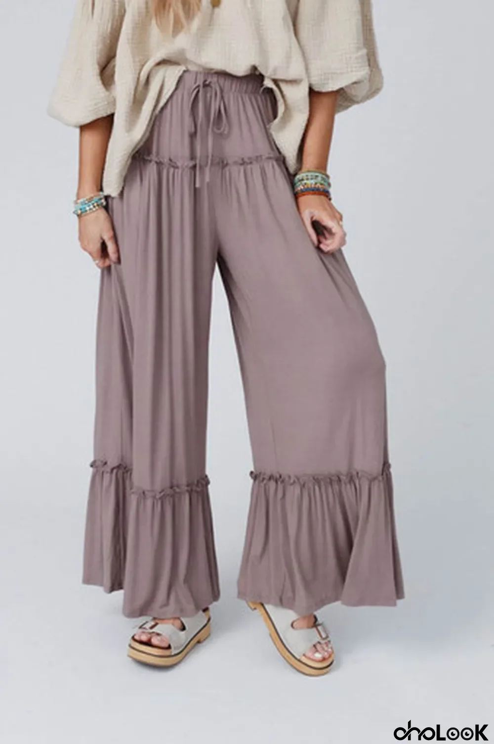 Khaki Frilled Drawstring High Waist Wide Leg Pants