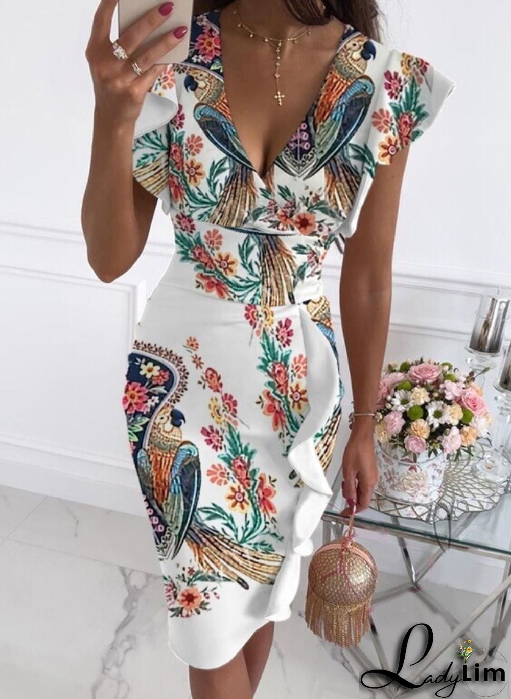 Summer Elegant Print Deep V Neck Ruffles Short Sleeve Midi Dress