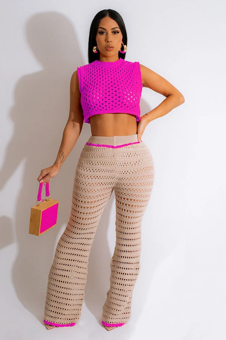 Crochet Colorblock Sleeveless Crop Top Flare Leg Vacation Pants Matching Set