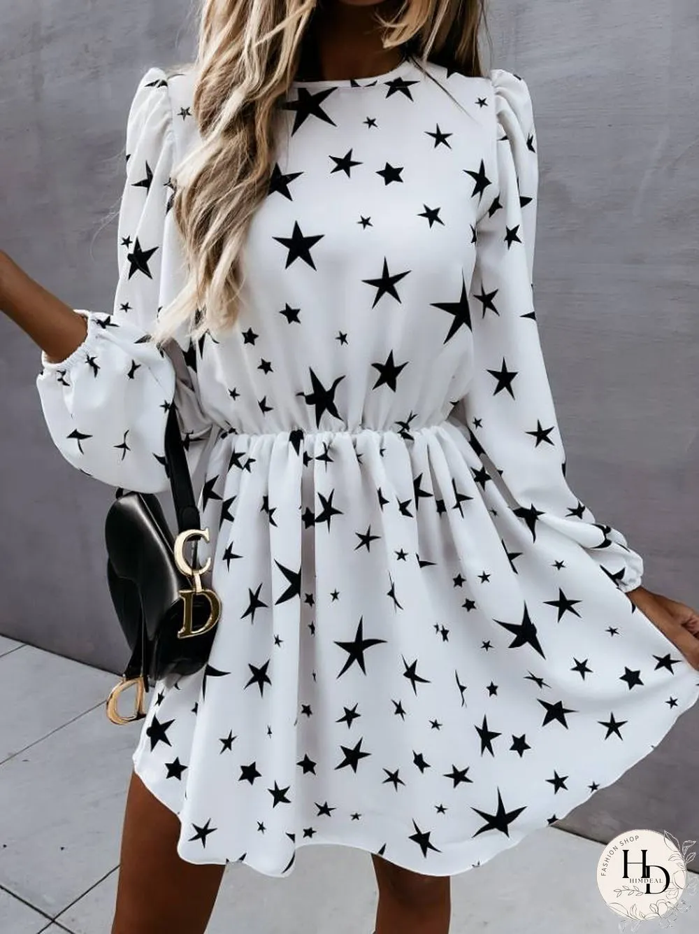 Star Printed Long Sleeve Mini Dress