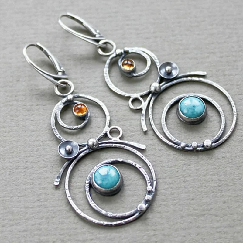 Big Round Hollow Blue Stone Inlaid Earrings Handmade Jewelry Silver Color Pendant Vintage Earrings New