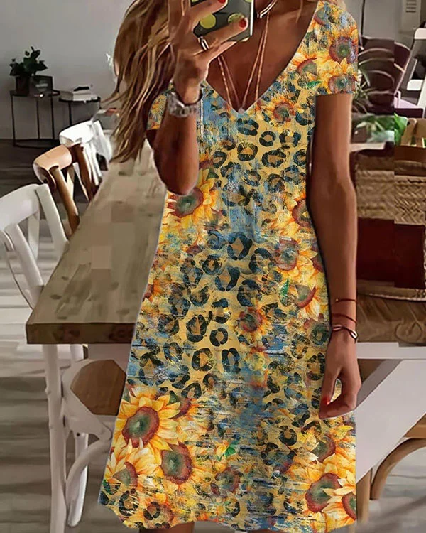 Women's Leopard Print Sunflower Short Dress