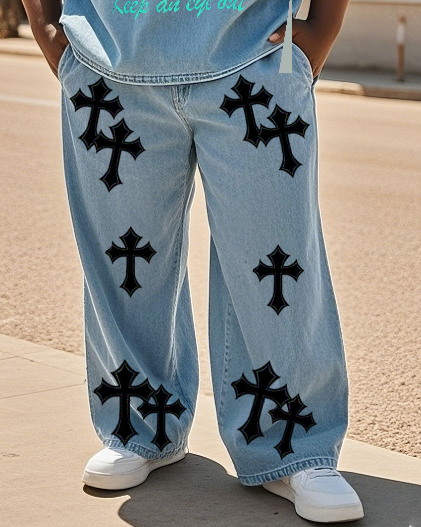 Plus Size Men Street Fashion Crucifix Sticker Art Hell's Eye Denim T-Shirt Pants Suit