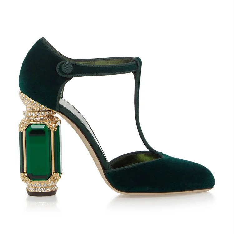 Custom Made Green Velvet T Strap Rhinstone Heel Pumps |FSJ Shoes