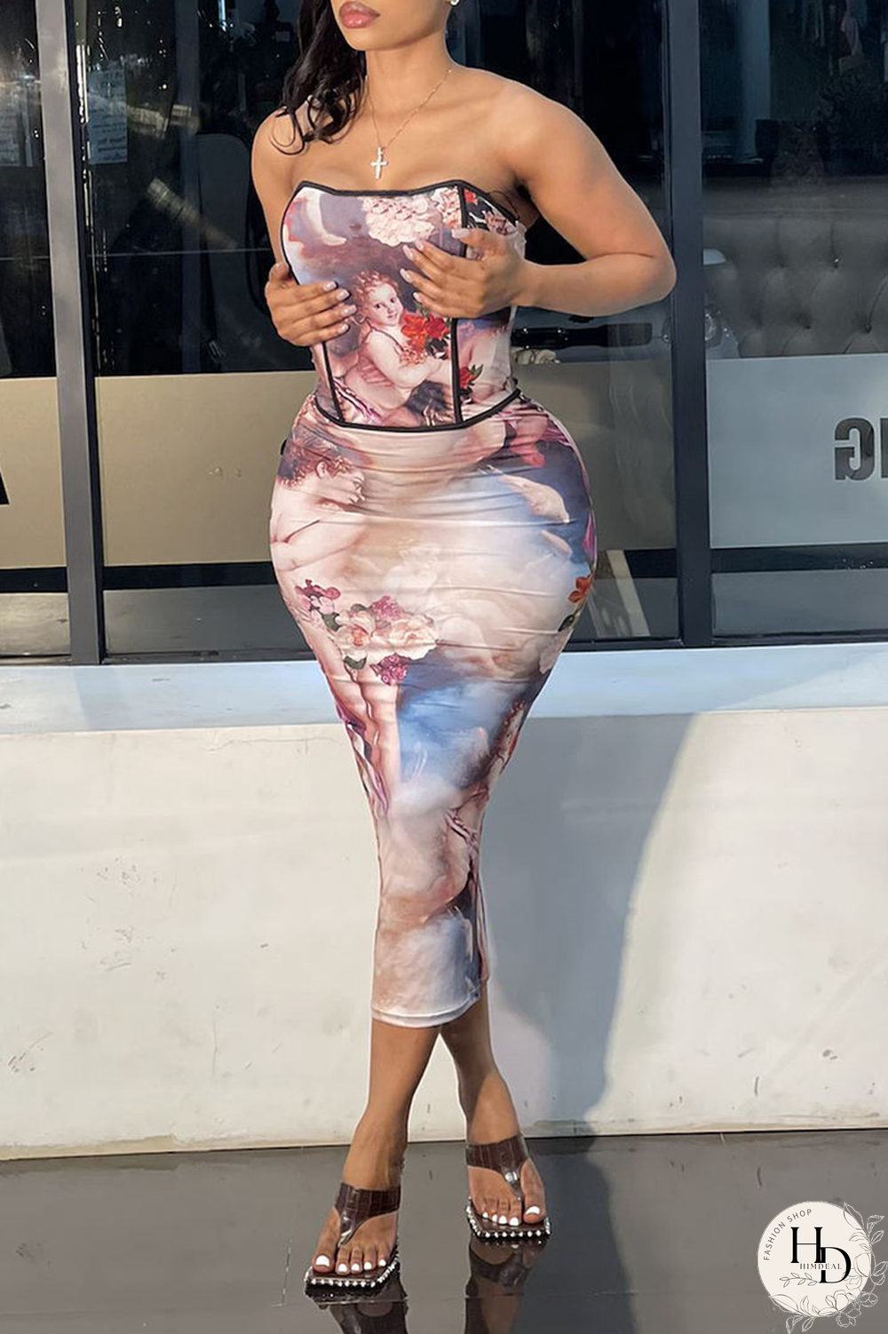 Blue Sexy Print Split Joint Strapless Sleeveless Two Pieces