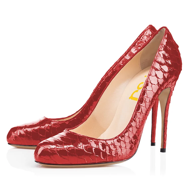 Red Python Stiletto Heels Round Toe Pumps |FSJ Shoes