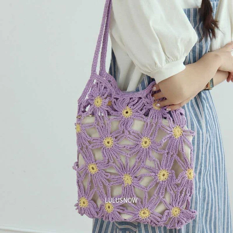Lulusnow Handmade Purple Daisy Beach Summer Bag Crochet Shoulder Bag  Minimalist Lifestyle Gift For Her