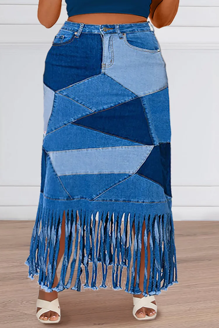 Xpluswear Design Plus Size Blue Daily Patchwork Denim Fringe Skirts