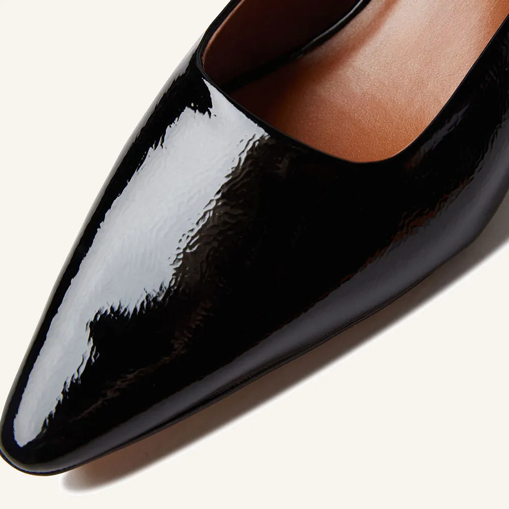 Black Patent Leather Pointed Toe Kitten Heel Mules for Women