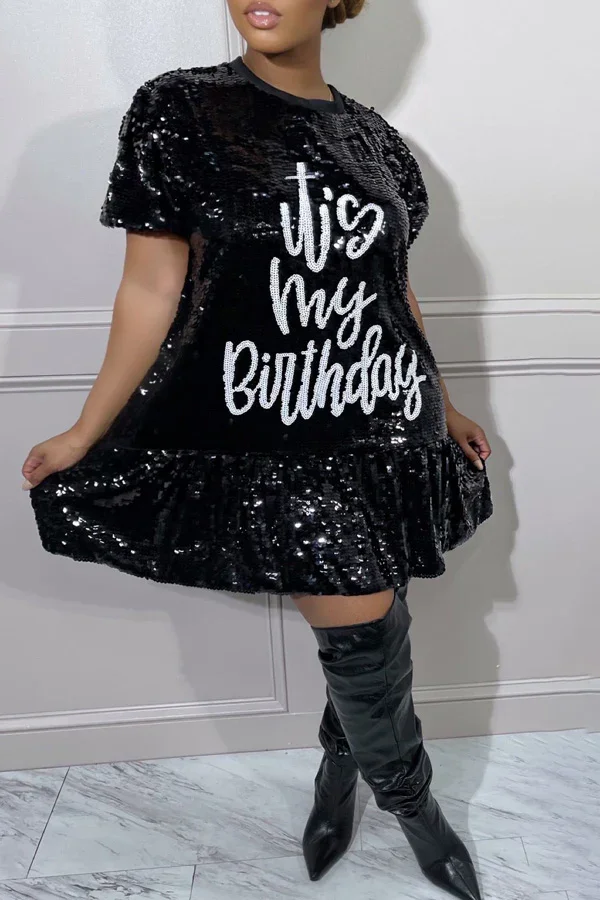 Guchioe Short Sleeve Sequined Oversized Mini Dress