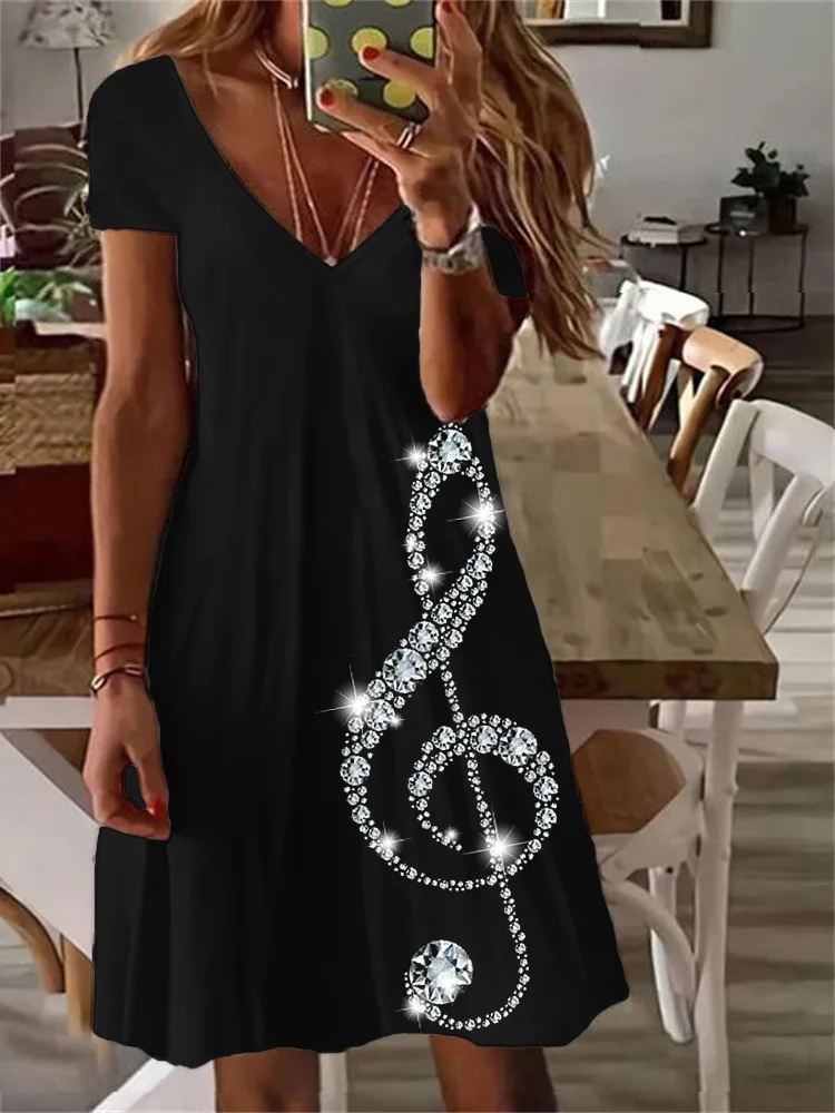Elegant Glitter Treble Clef V Neck Midi Dress