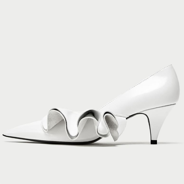 White Stiletto Heels Dress Shoes Pointy Toe Side Ruffle Pumps |FSJ Shoes