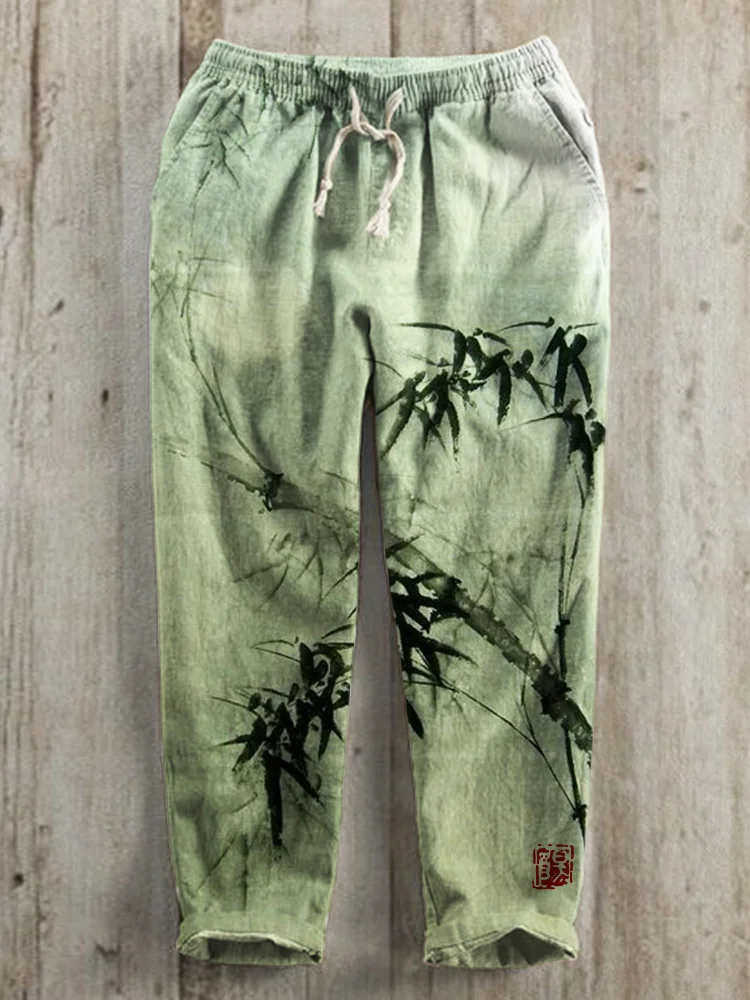 Comstylish Bamboo Forest Full Moon Japanese Art Linen Blend Casual Pants