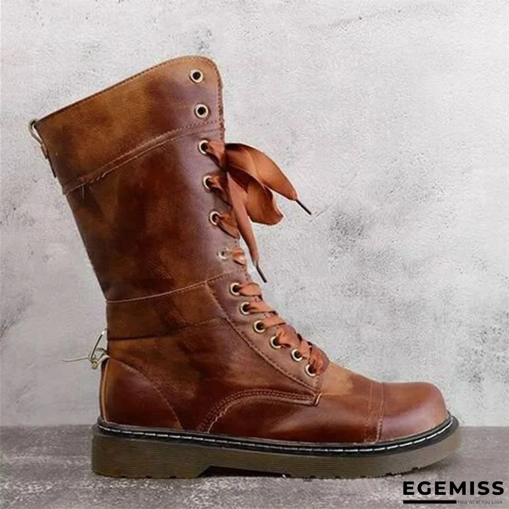 Leather buckle mid tube boots autumn winter Martin boots European and American retro buffing Lace Up Boots | EGEMISS