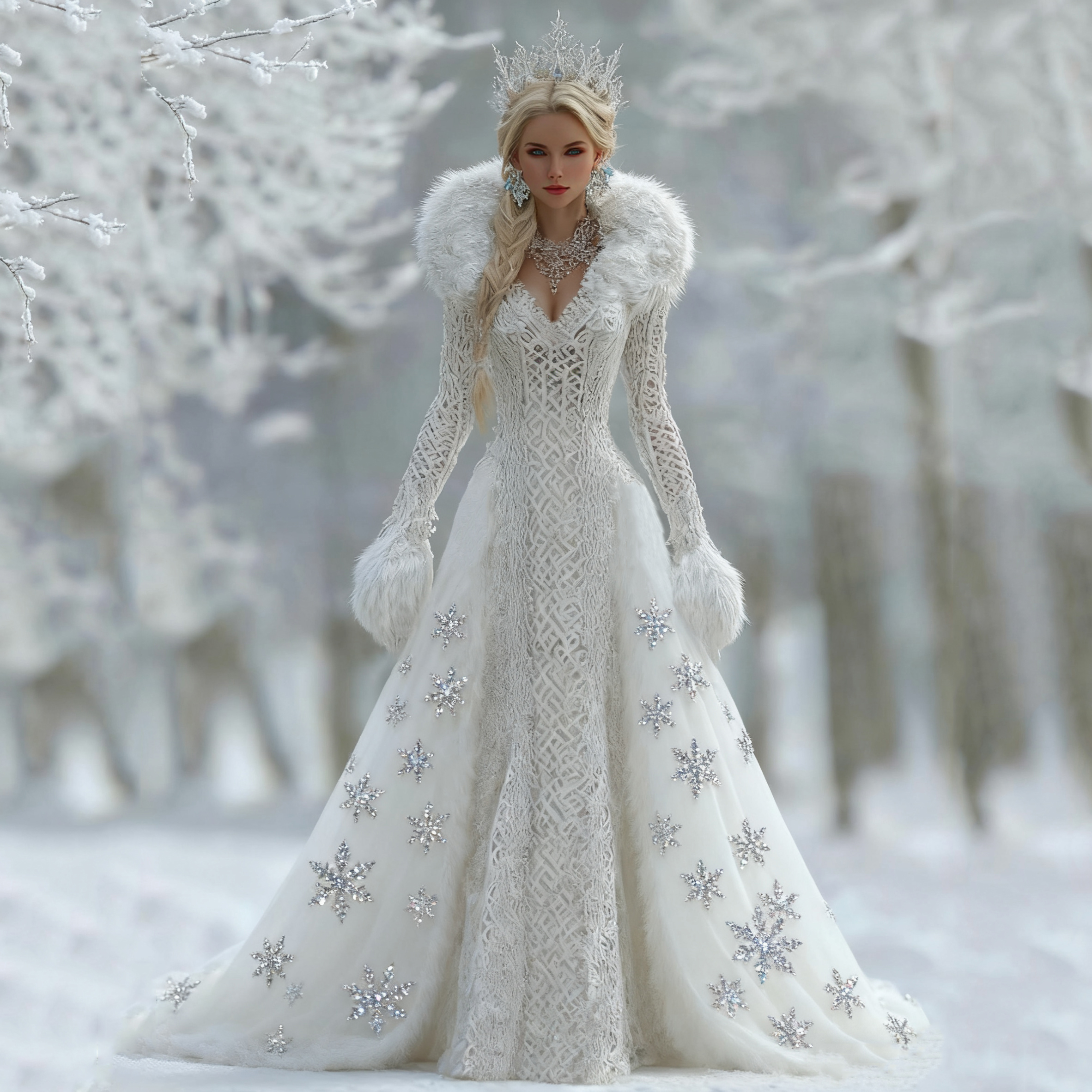 Vintage  Celtic Knot Diamond Snowflake Fur Collar Flowing Maxi Dress