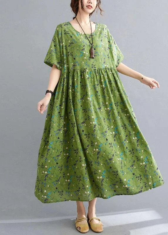 Simple Green Circle O-Neck Print Summer Loose Maxi Dresses Half Sleeve