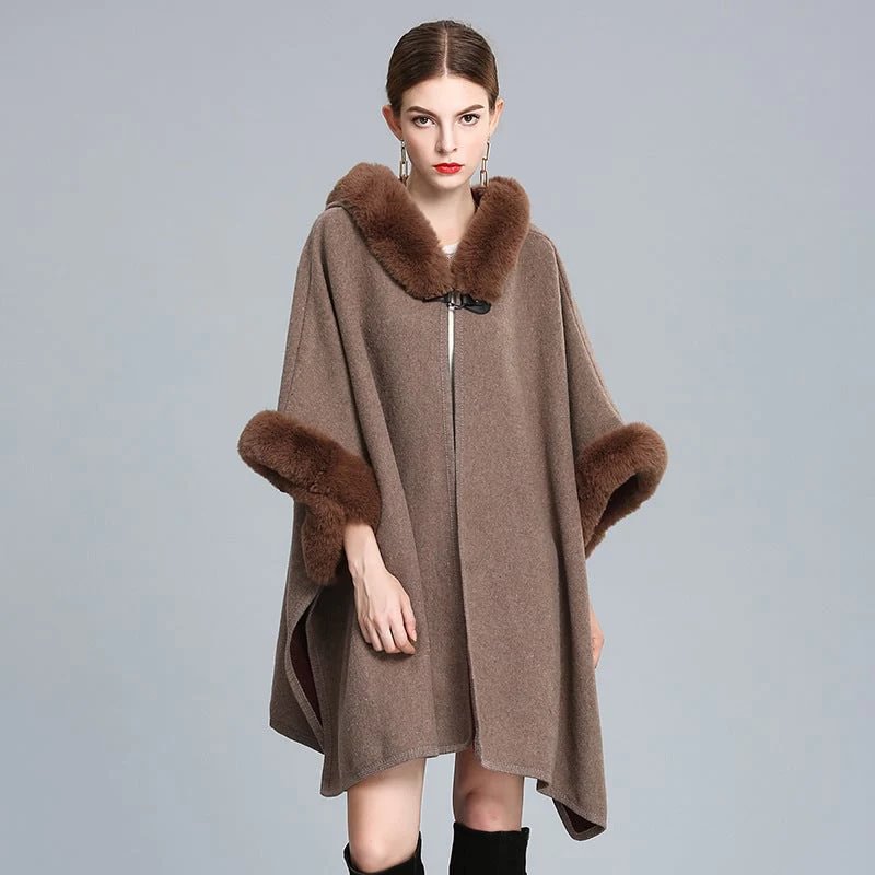 Autumn and Winter Fur Collar Hooded Shawl Cloak Large Size Woolen Coat Loose Cardigan Women | EGEMISS