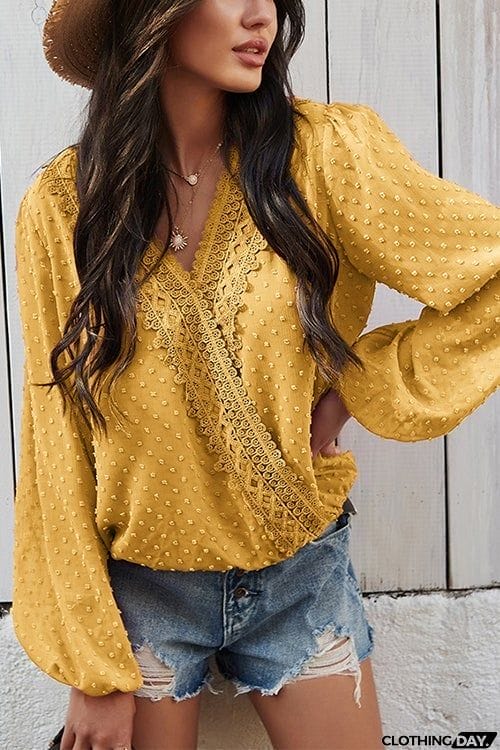 Dot Lace Trim Wrap Long Puff Sleeve Blouse