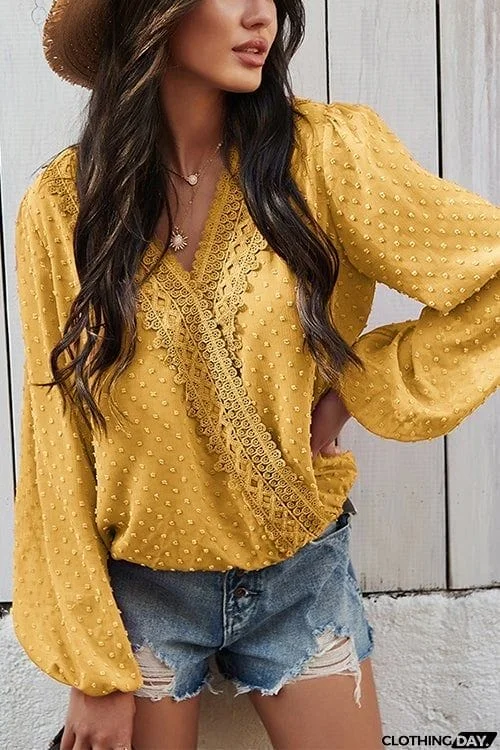 Dot Lace Trim Wrap Long Puff Sleeve Blouse
