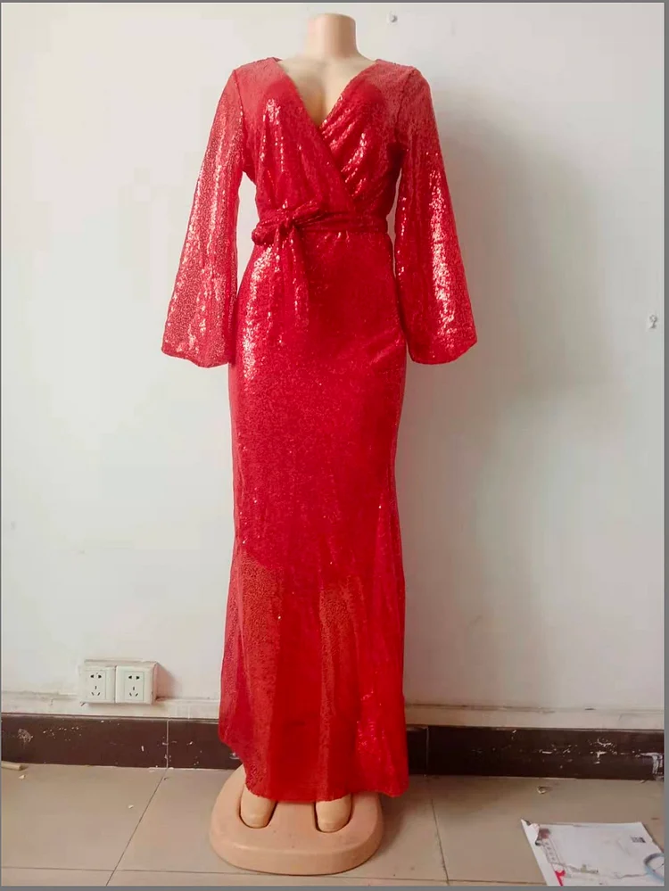 Women's 2023 spring and summer new sexy dress slit solid color sequin long mop evening dress skirt_ viptrois