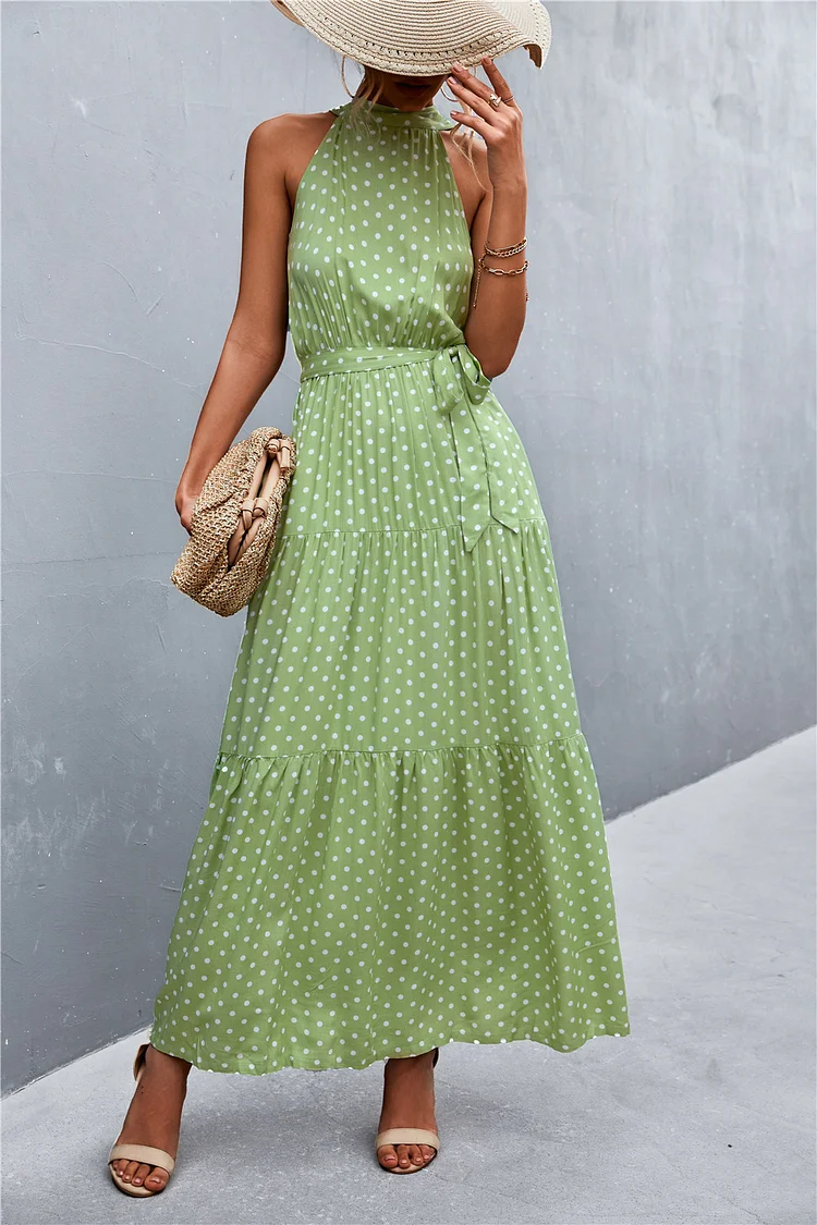 Bohemia Floral Print Sleeveless Maxi Dress Halter Sashes Ruffles Party Dress