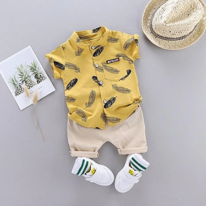 Summer Shirt Set for Toddler Baby Boy Clothing Suit New Fashion Feather Print Set Infant Boys Clothes Set