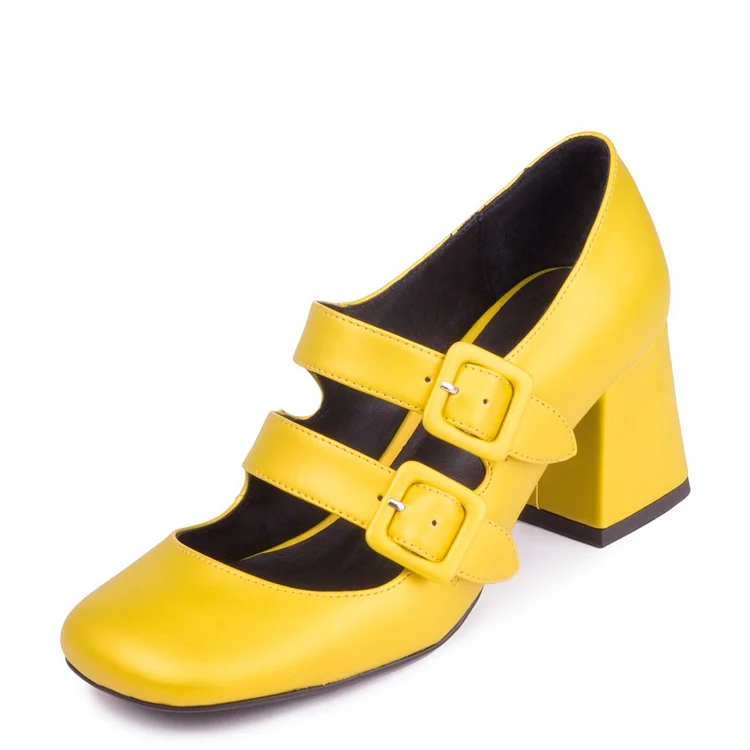 Yellow Double Buckles Square Toe Block Heel Mary Jane Shoes |FSJ Shoes