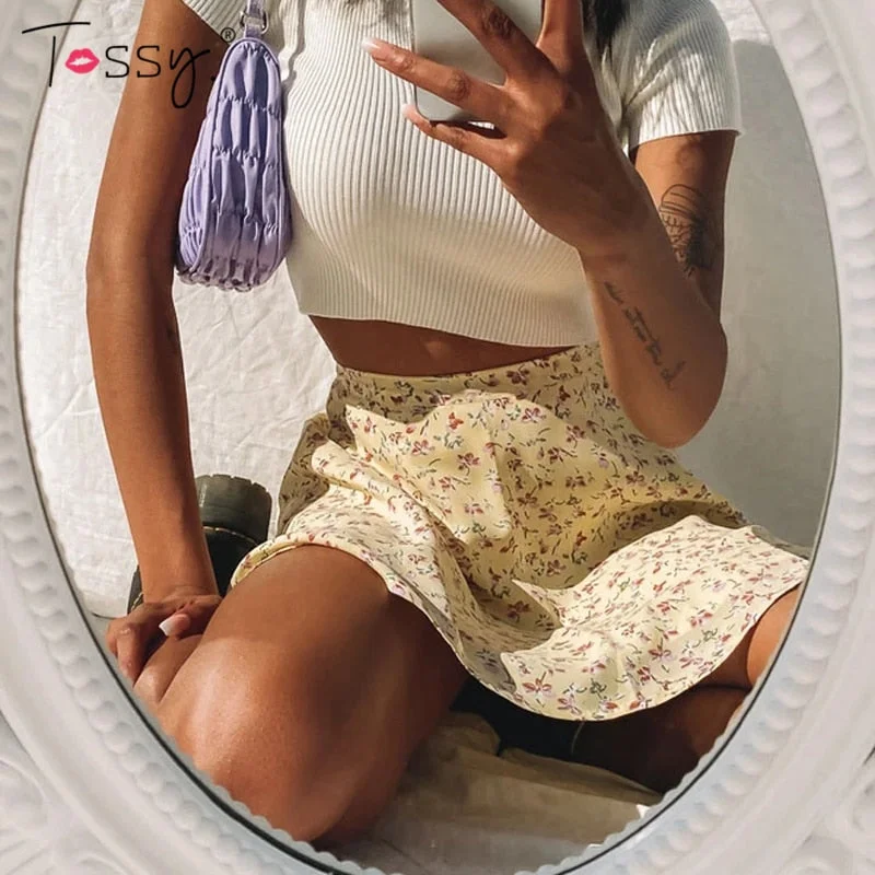 Tossy Boho Floral Print Party Skirt Summer New High Waist Pleated Skirt Short Beach Sexy Frills Mini Skirts For Women 2021