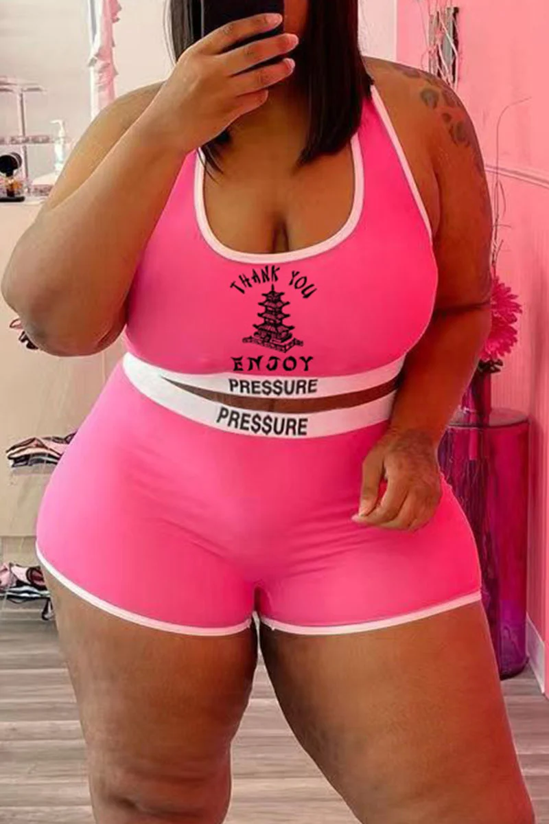 Pink Casual Print Patchwork U Neck Plus Size Two Pieces | EGEMISS