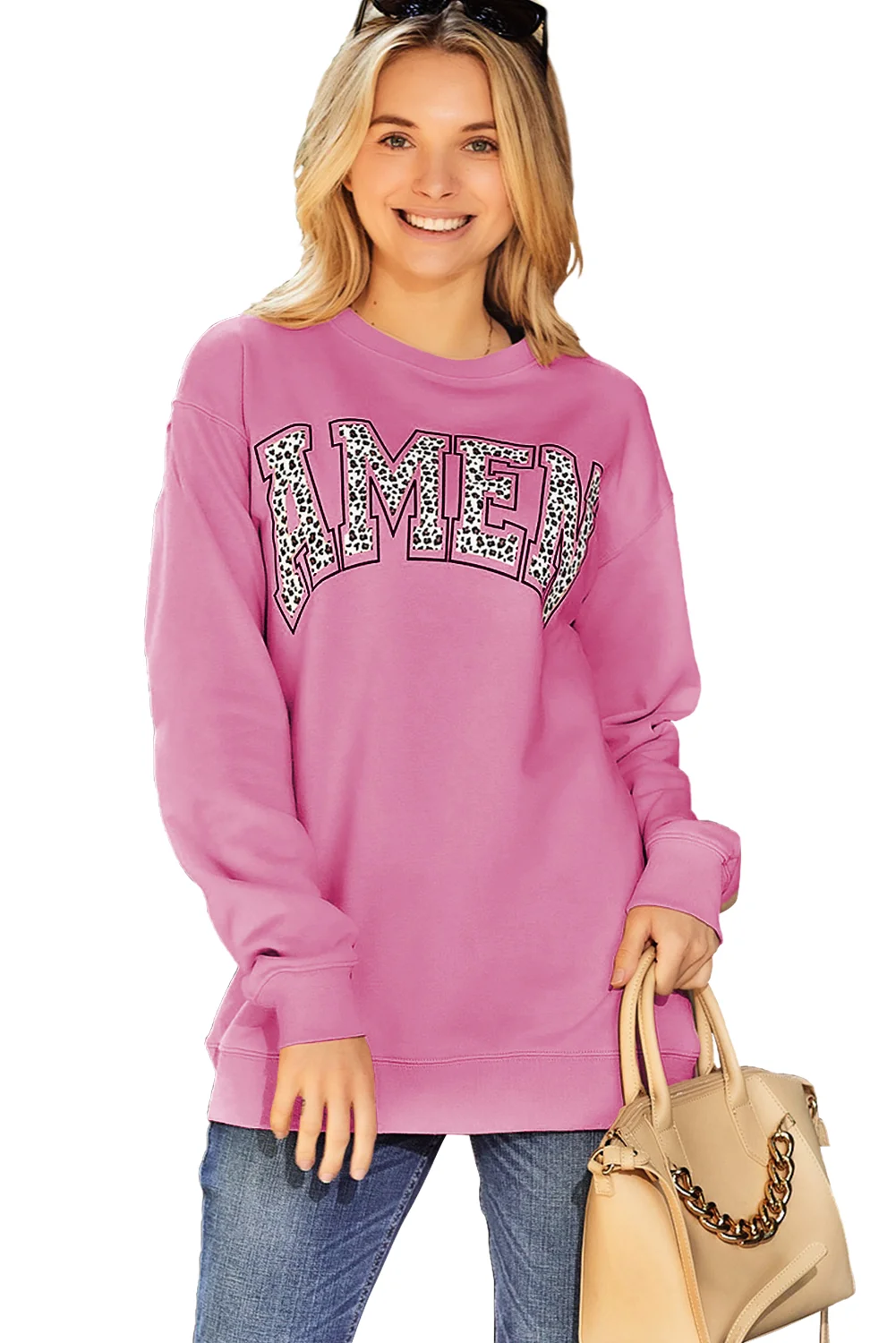 Pink AMEN Leopard Letter Print Oversized Pullover Sweatshirt