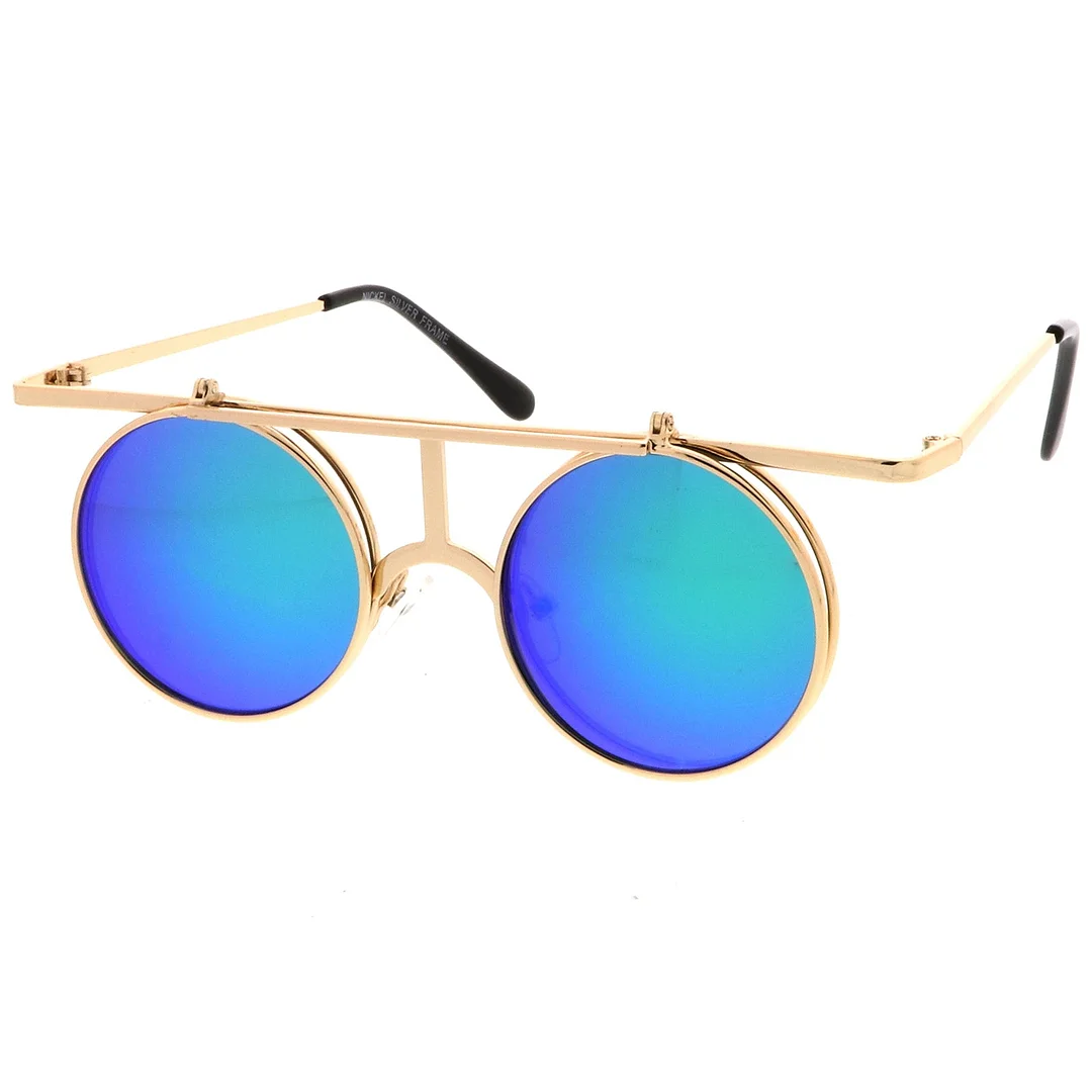 Steampunk Flip Up Cover Flat Top Colored Mirror Clear Lens Round glasses 44mm