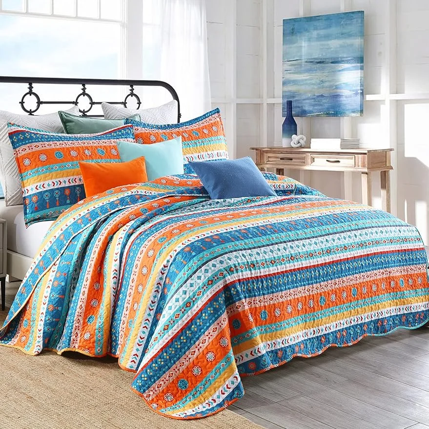 Qucover Quilt Twin Size, 2 Pieces Colorful Blue and Orange Striped Twin XL Quilt Set, Soft Polyester Lightweight Summer Quilt with Pillowcases, Boho Quilt Twin 68x86 Inches