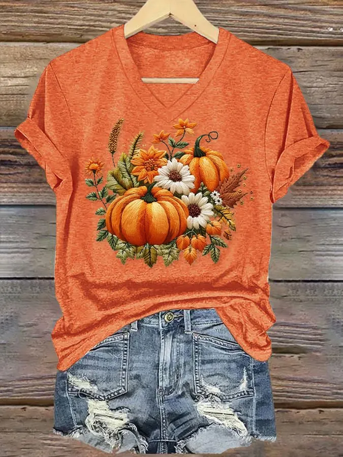 Women's Casual Autumn Pumpkin Short Sleeve T-Shirt 