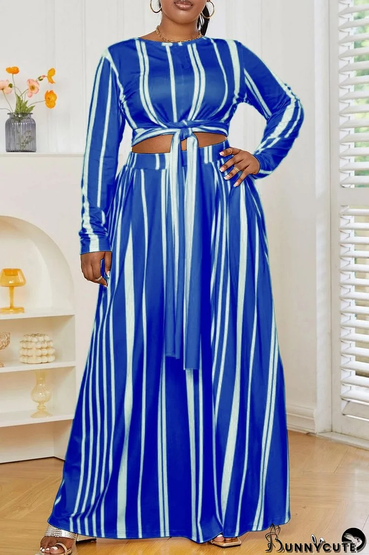 Blue Casual Striped Print Frenulum O Neck Plus Size Two Pieces