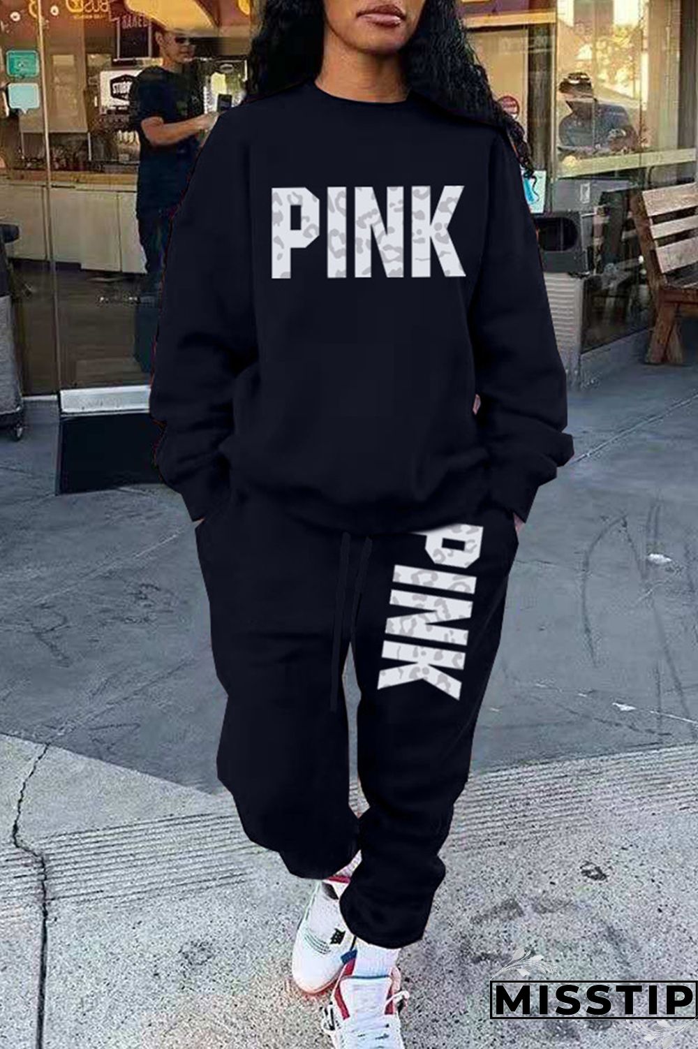 Blue Casual Letter Print Patchwork O Neck Long Sleeve Two Pieces