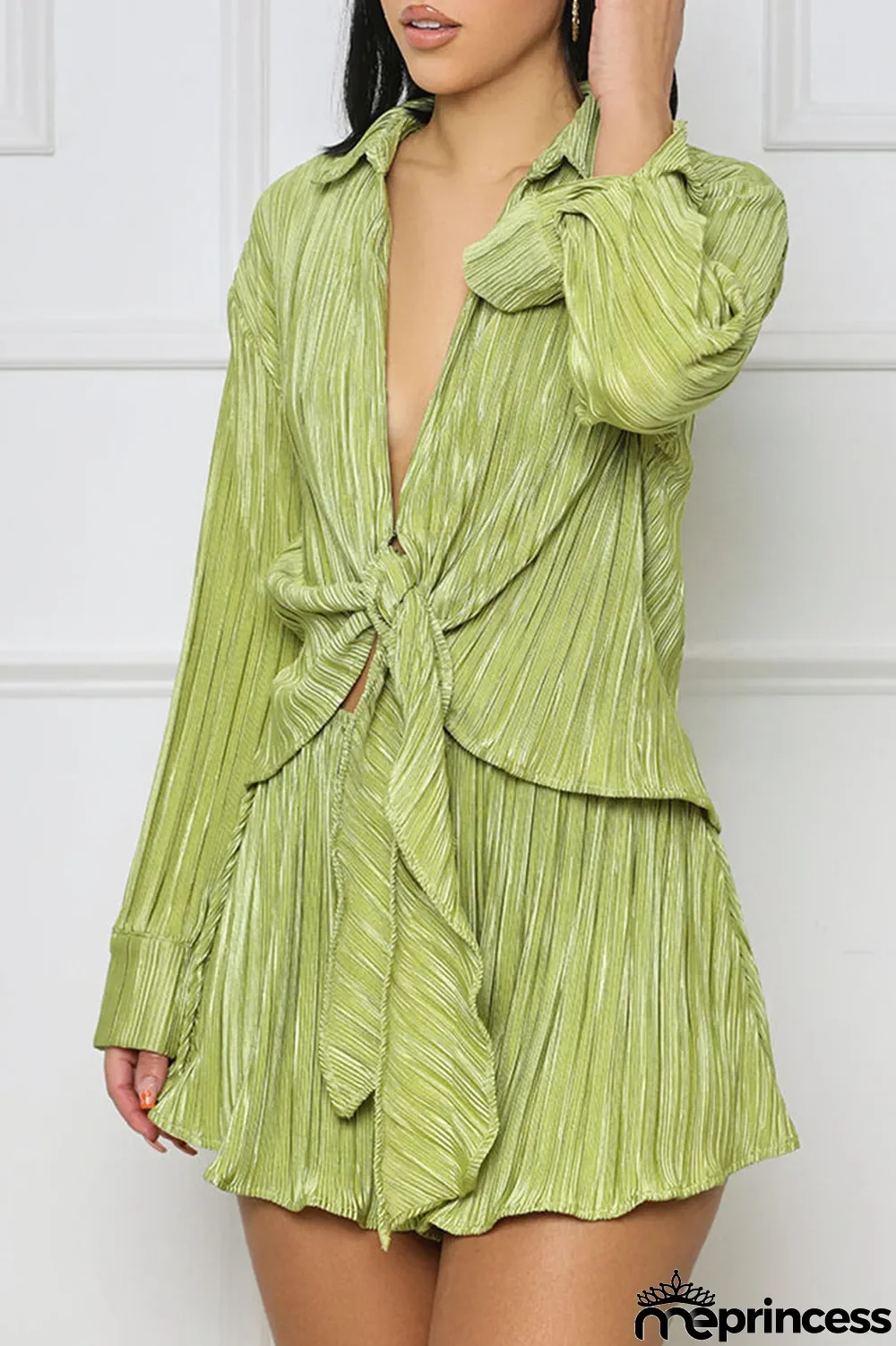 Green Casual Solid Bandage Patchwork Turndown Collar Long Sleeve Two Pieces