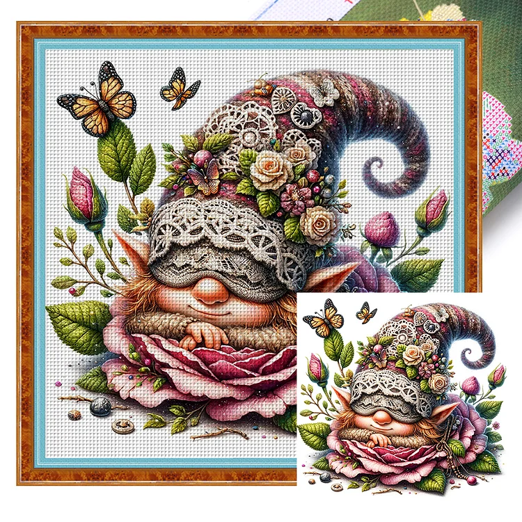 【Huacan Brand】Gnomes On Flowers 18CT Stamped Cross Stitch 30*30CM