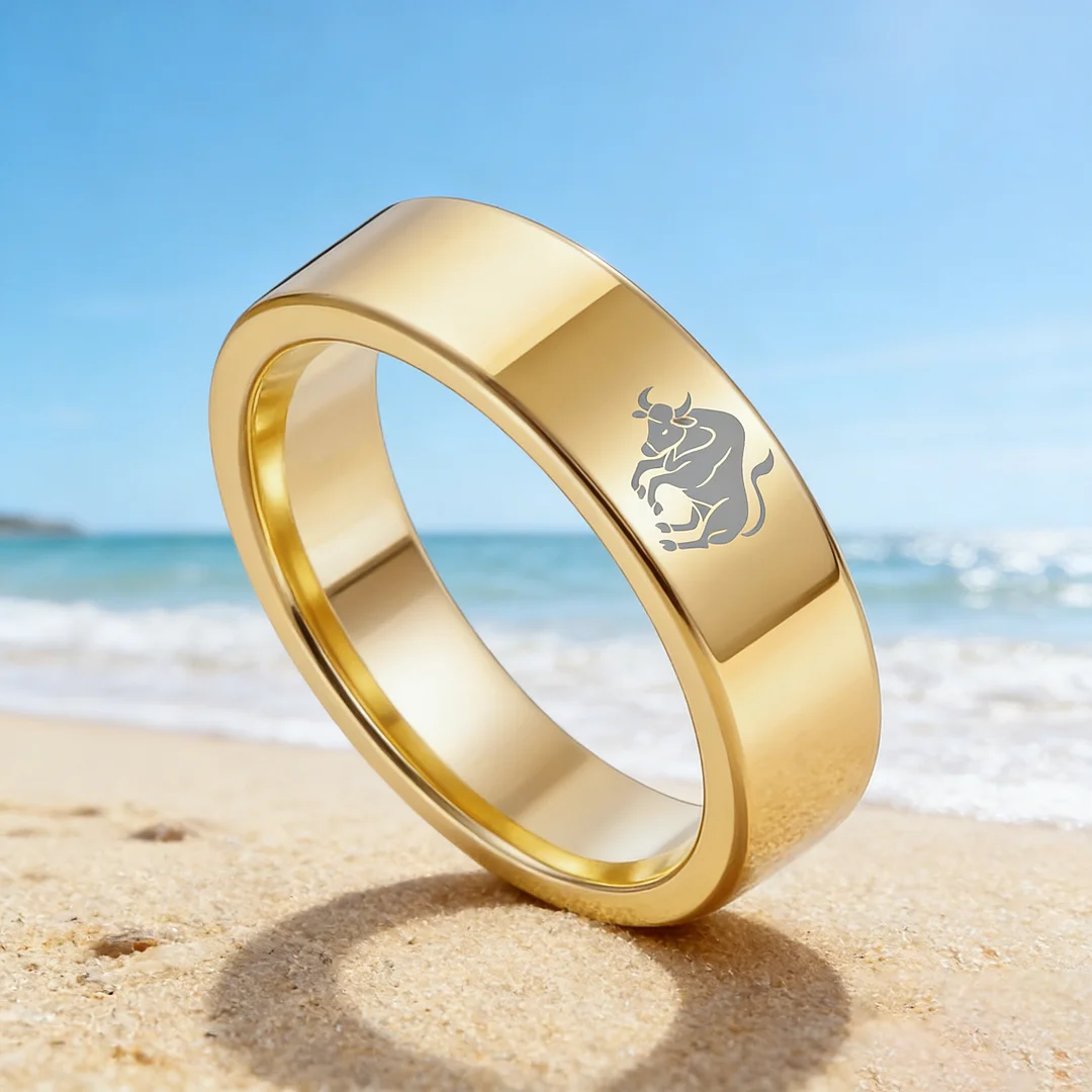 Taurus Tungsten Carbide Rings Gold Flat Wedding Bands Comfort Fit Mens and Womens 4MM 6MM 8MM