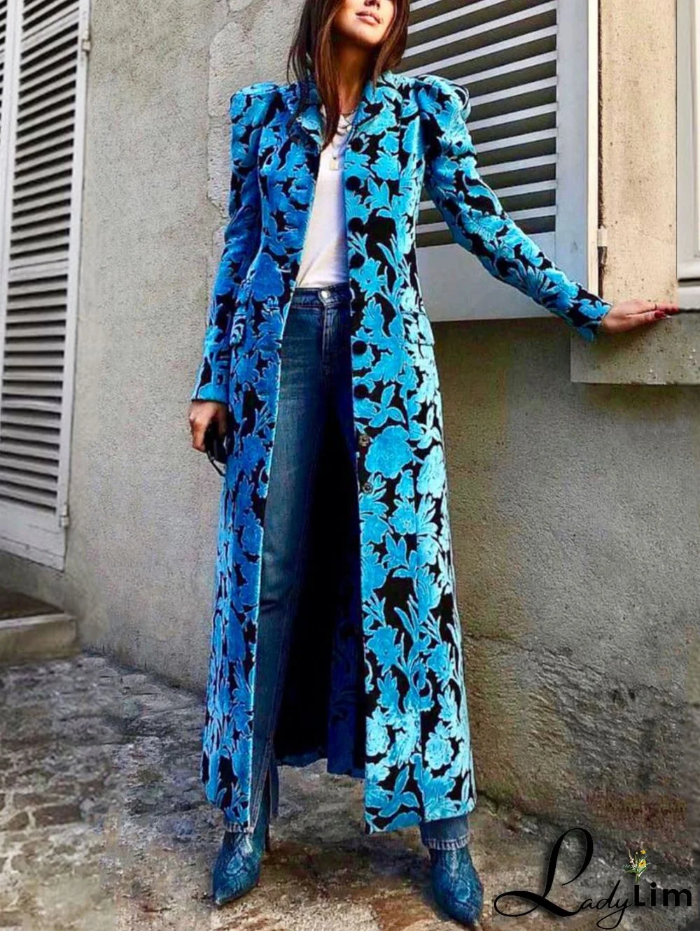 Fashionable Vintage Floral Pattern Lapel Collar Velvet Blazer Long Coat