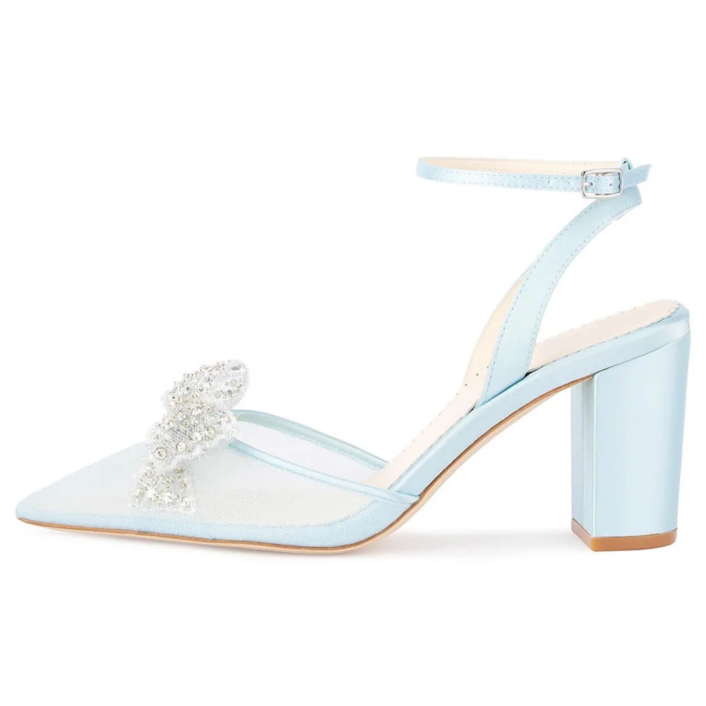 Light Blue Mesh Chunky Heel Pointed Toe Rhinestone Bow Wedding Shoes