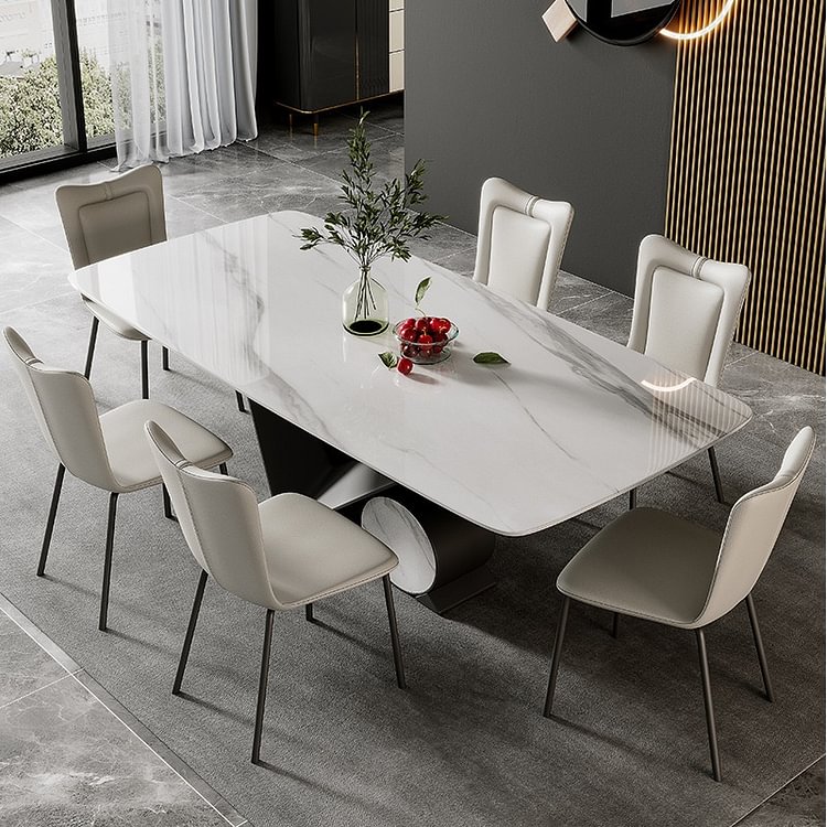 Homemys Modern Sintered Stone Dining Table For Dining Room Rectangle White Stone Black Frame